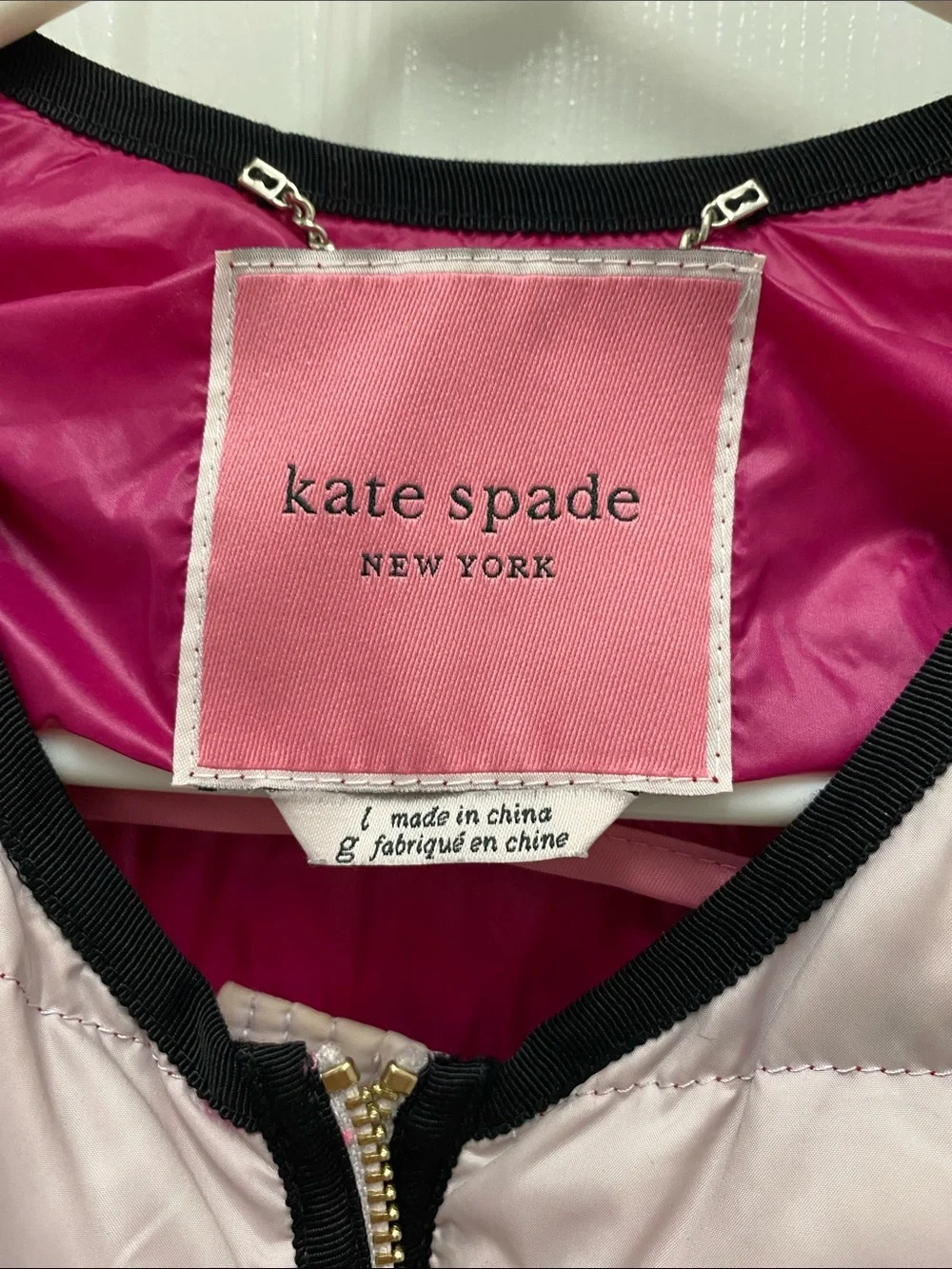 kate spade Light Pink Quilted Packable Puffer Jacket with Black Trim